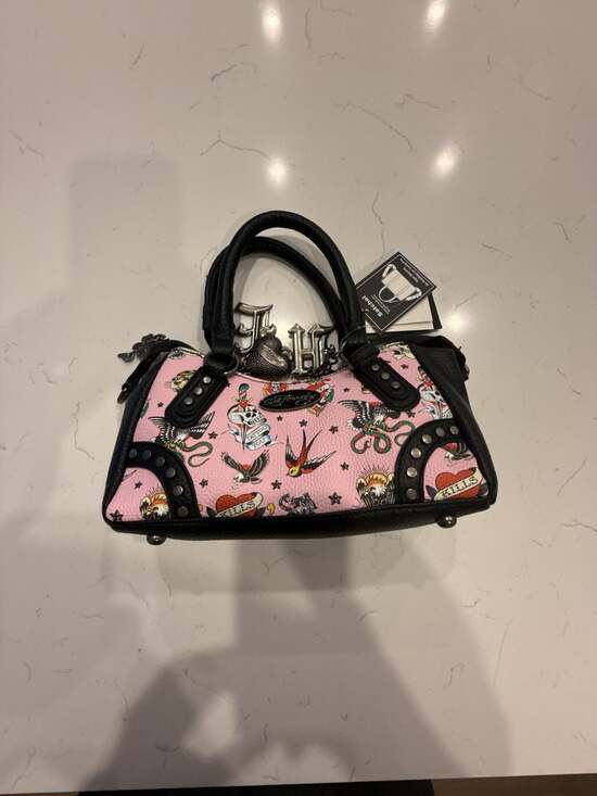 Ed Hardy Handbags - Ed Hardy Pink Tattoo Print Vegan Leather Studded Small Satchel Bag NWT